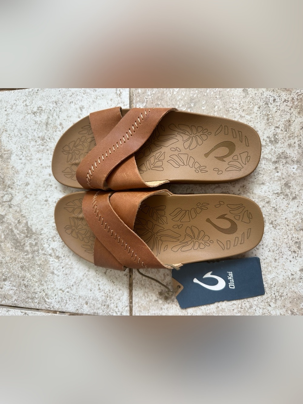 OluKai Women’s Tan Crossover Leather Slide Sandals